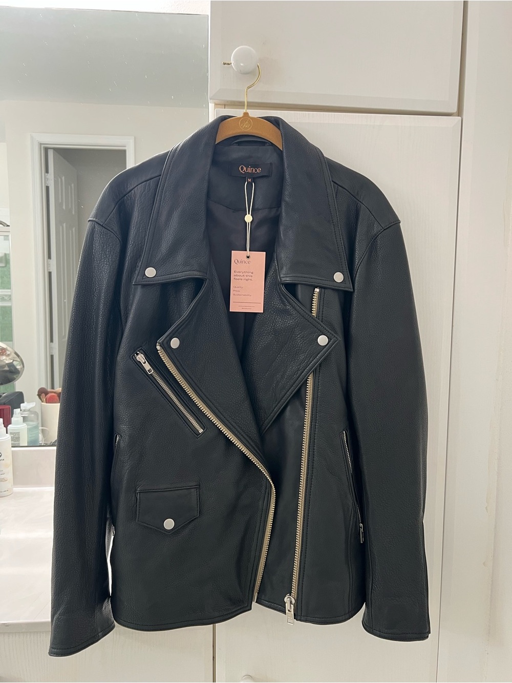 Quince Black Leather Moto Jacket with Gold Hardware